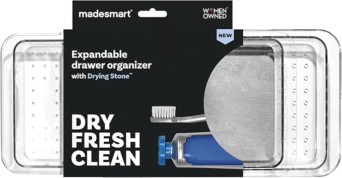 madesmart Expandable Dental Tray Drawer Organizer with Drying Stone, Clear Plastic Organizer for Toothbrush, Dental Floss, Water Flosser, Mouthwash