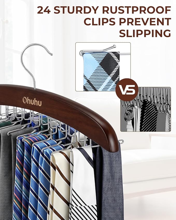 Tie Rack Hanger for Closet: Ohuhu 24 Folding Hooks Tie Hangers for Men Wooden Tie Holder Organizer Space Saving Necktie Storage 360 Degree Rotating Ties Belts Scarves Tank Tops Accessories-Walnut