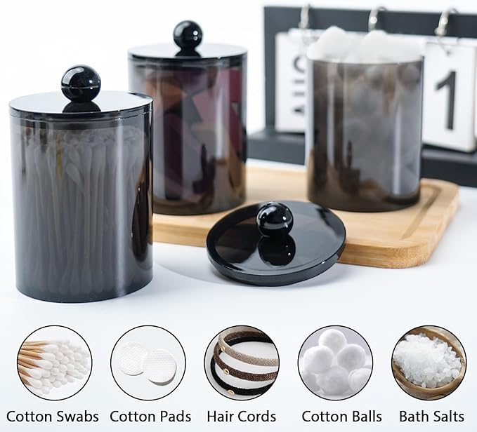 XIPENGKEJI 6 Pack Qtip Holder,Canister Apothecary Jar Set, Bathroom Jars with Lids Set for Cotton Swabs, Balls, Pads, Floss Picks,10oz-12oz Plastic Canisters Restroom Bedroom Vanity Organizer(Black)