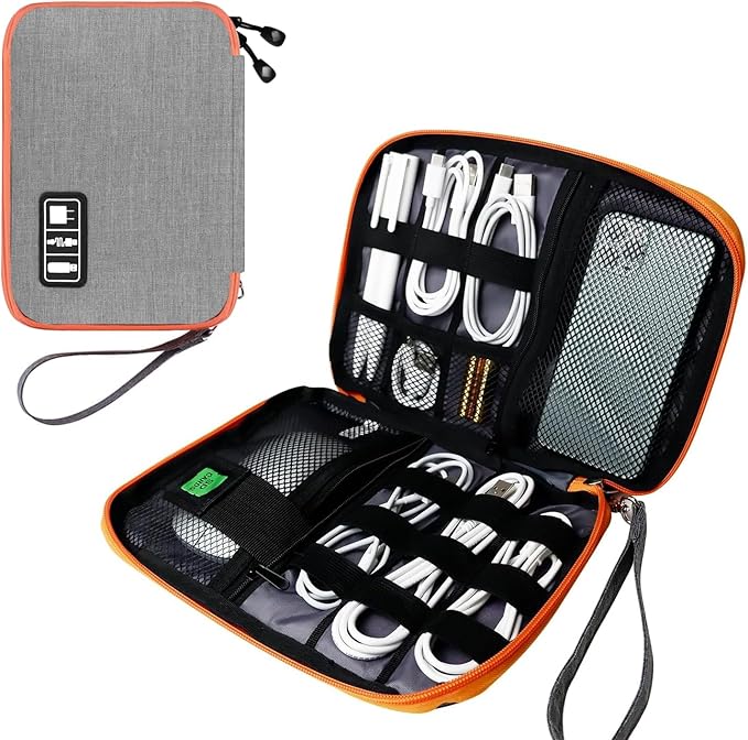 Lcsmaokin Electronics Travel Organizer,Portable Waterproof Electronic Travel Storage Bag for Small Charging Cord Storage,Charger,SD Card etc,for Travel,Business-Grey Orange