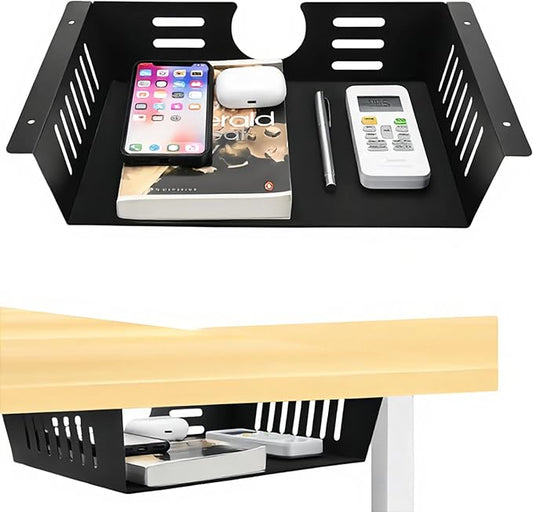 2 Pack Under Desk Shelf-Metal -Black Under Shelf Storage for Office Tables