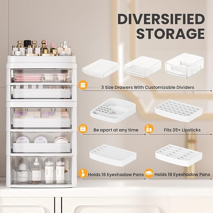 Rolling Cart with 5 Drawers, Clear Plastic Drawer Organizers
