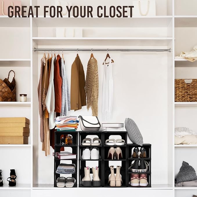 TRZZ 10-Tier Small Shoe Rack, Vertical Narrow Stackable Organizer with Removable Partition, Efficient Shoe Storage for Closet, Entryway, and Small Spaces (Black)