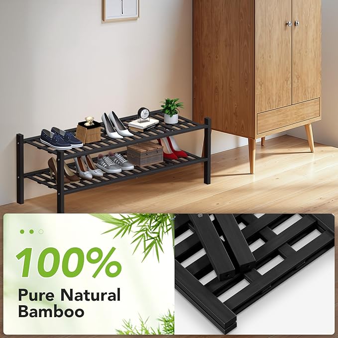 Haddockway Long 2 Tier Bamboo Shoe Rack Storage Organizer, Multifunctional Free Standing Stackable Shoe Shelf with Grid Panel for Closet,Hallway,Entryway,Small Space 34.2"x11"x13"