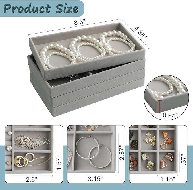 8 Set Jewelry Organizer for Drawer Velvet Jewelry Trays, Jewelry Trays for Drawers Easy To Store Your Jewelry Storage Display Tray for Earring Necklace Rings Bracelet (Grey)