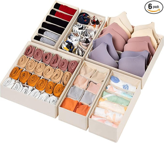6 Pack Sock Underwear Drawer Organizer Dividers, Beige
