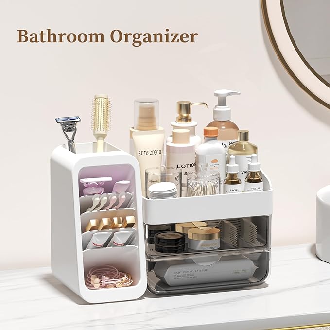 Makeup Organizer for Vanity with 5 Adjustable Dividers & 2 Clear Drawers, Large Make Up Brush & Perfume Holder, Cosmetic Display Cases Skincare Storage for Bathroom Countertop, Office, Pantry, Kitchen