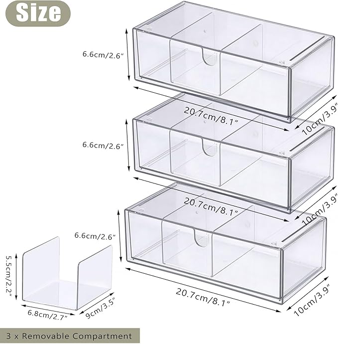 Acrylic Pencil Drawer with Removable Dividers Clear Pull Out Pen Drawer Organizer Stackable Bathroom Organizer for Makeup, Cosmetics, Office Supplies,3 Pack