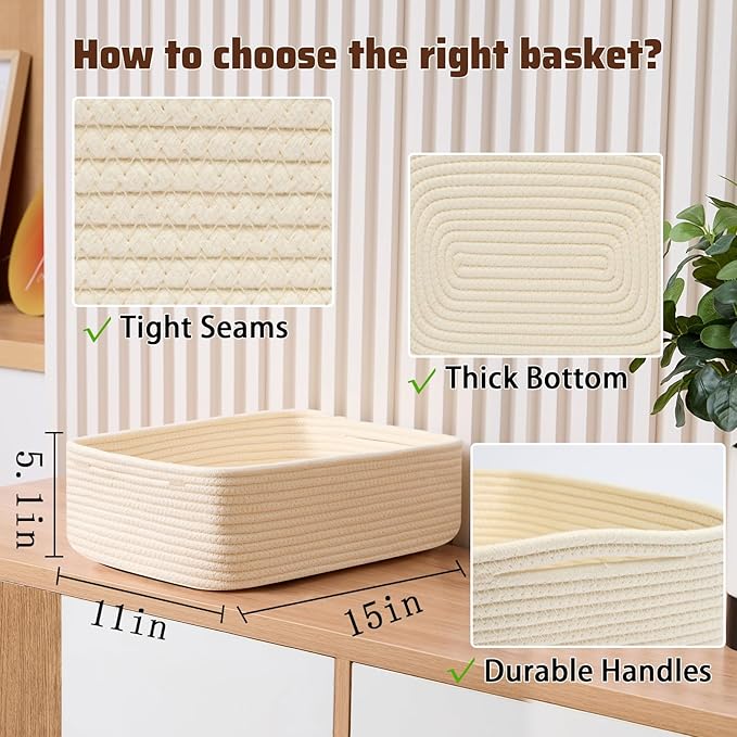 MiniArk Large Shallow Organizing Baskets 15x11x5.1 Inches - Rope Woven Storage Bins for Bathroom, Shelves, Cube Closet, Beige 4 Packs