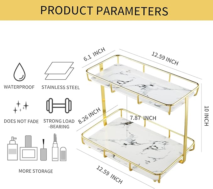 Bathroom Organizer Countertop Perfume Organizer Makeup Organizer Cosmetics Storage Display Rack Vanity Tray Dresser Stainless Steel Gold Shelf White Marble Ceramic Tray