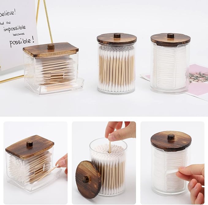 Bathroom Organizer Accessories Set-10 OZ Qtips Holder Storage with Wood Lids