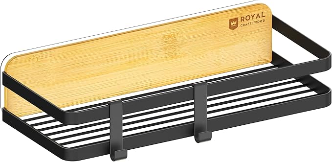 ROYAL CRAFT WOOD Shower Caddy Self Adhesive Organizer - Bamboo & Iron Shower Shelves with Hooks Stylish Storage Solution for Organizing Bath Accessories