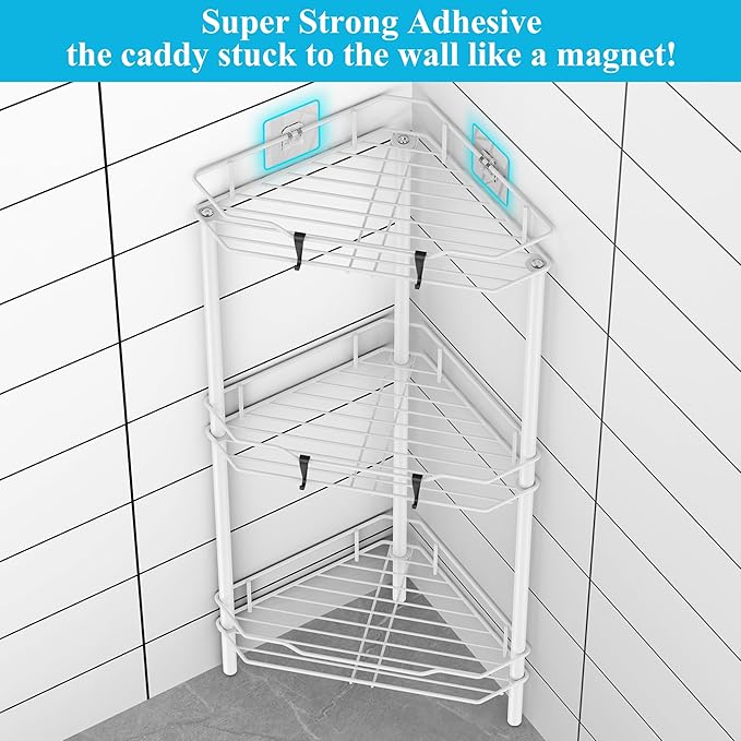 3 Tier Floor Standing Corner Shower Caddy Organizer Shelf with Hooks, White