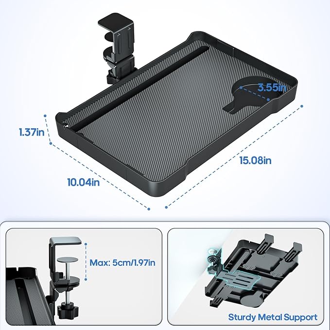 Under Desk Organizer, 360° Rotating Clamp-On Tray with Headphone Hook
