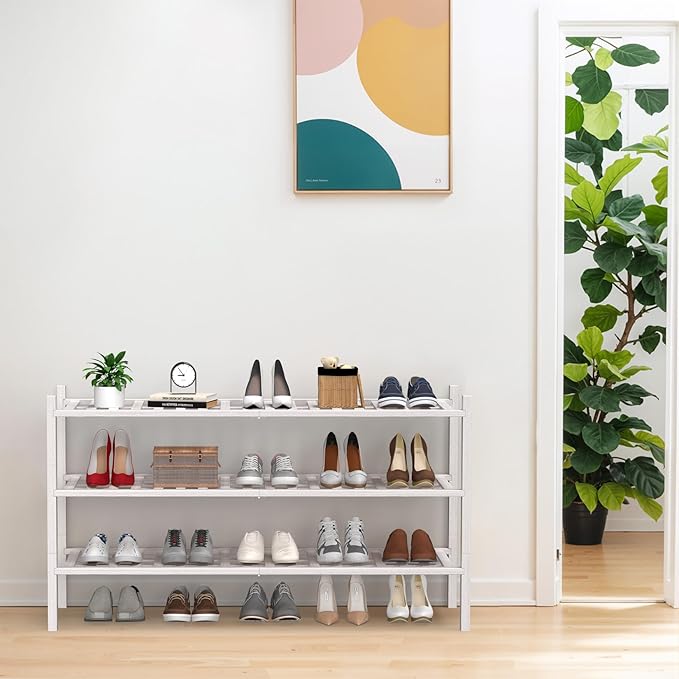 Haddockway Long 3 Tier Bamboo Shoe Rack Storage Organizer,Multifunctional Free Standing Stackable Shoe Shelf with Grid Panel for Closet,Hallway,Entryway,Small Space 34.2"x11"x20"