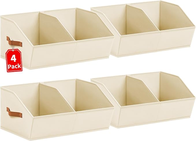 Homsorout Closet Organizers and Storage Bins - 4 Pack Collapsible Divided Trapezoidal Cube Storage Bins Baskets with Orange Handle for Organizing Clothes Blankets, Toys, Books, Towels(Beige)