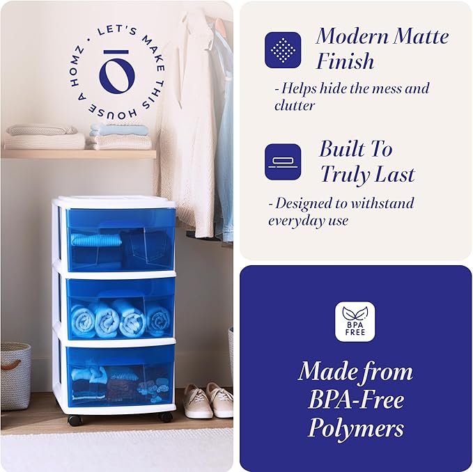 Drawer Tower, 3-Tier Clear Blue Plastic Storage Organizer Cart, White Frame