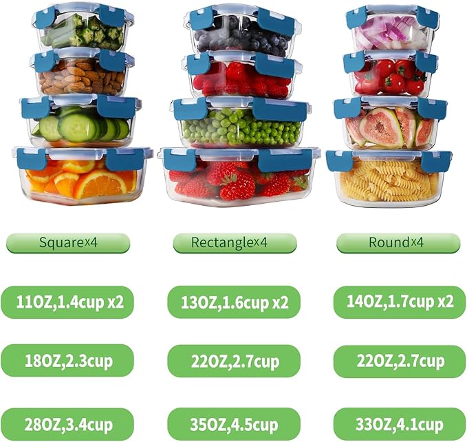24pc Glass Food Storage Containers with Lids, Deep Blue