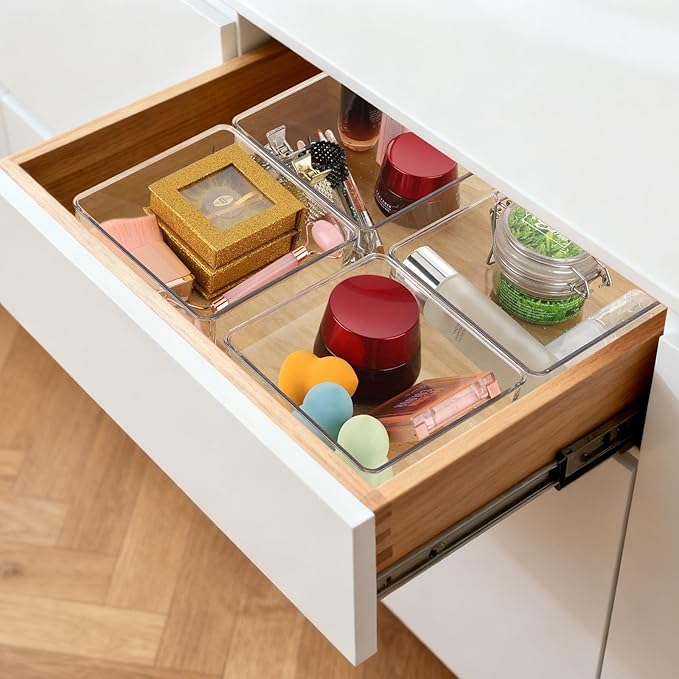 6 Pcs Large Clear Plastic Drawer Organizers Tray 6" x 6" Storage Bins with 25