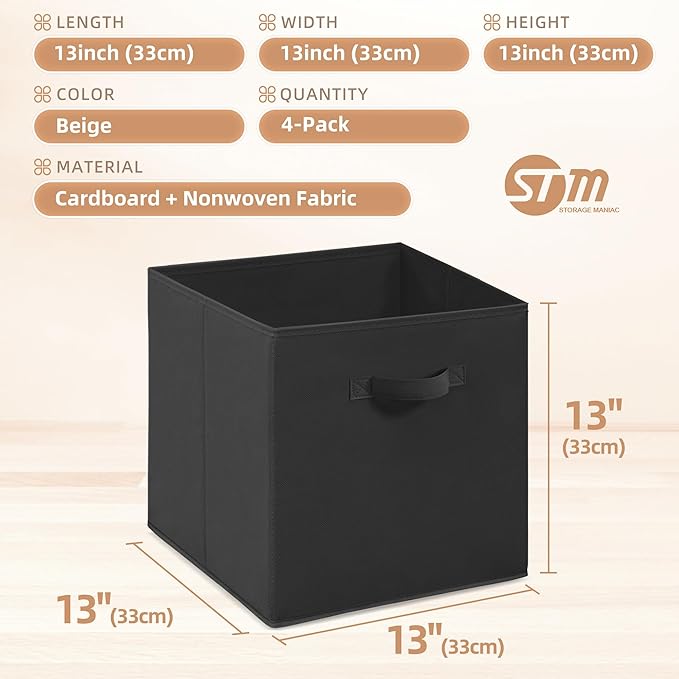 STORAGE MANIAC Storage Cubes, 13 Inch Collapsible Storage Bins with Handles, 4 Pack Fabric Foldable Bins for Organization, Durable Storage Bins for Closet, Shelves, Offices, Toys, 4-Pack Black