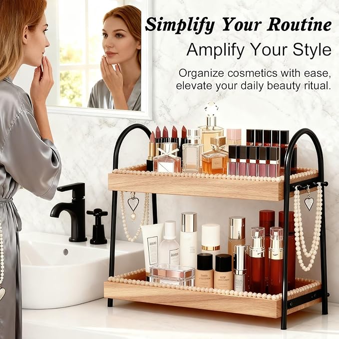 Large 2-Tier Bathroom Countertop Organizer with 8 Jewelry Hooks, 17.3" Eco-Coated Wood Vanity Tray for Perfume & Makeup, Skincare Storage Shelf for Dresser Coffee Bar Kitchen (Light Brown & Black)