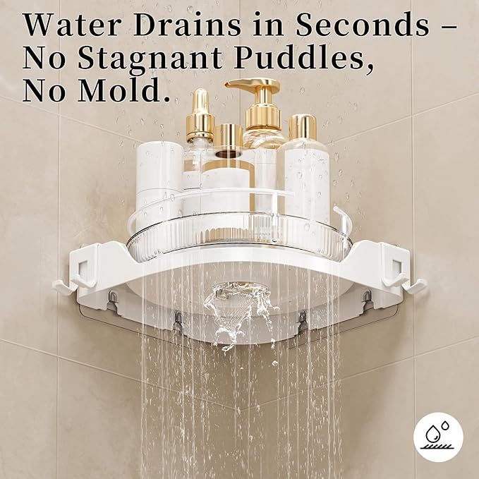 360°Rotating Corner Shower Caddy(2-Pack), No-Drill Adhesive Shower Shelf Organizer with Hooks, Lazy Susan Bathroom Storage for Bathtub, Shower Corner & Kitchen Sink, Space Saving Bathroom Organizer