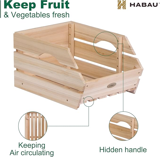HABAU Wood Potato Onion Storage Bins - Wooden Stackable Produce Basket - Fruit Vegetable Storage for Kitchen Pantry Organization, Set 3 Pieces