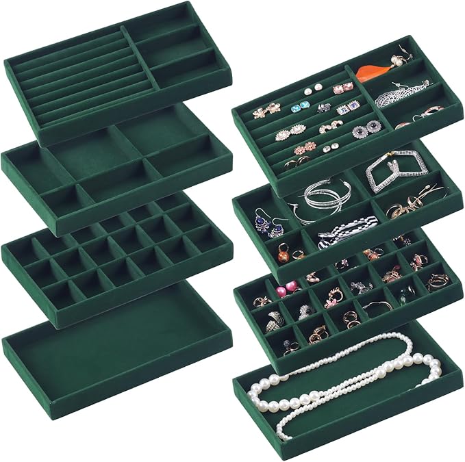 Set of 8 Stackable Jewelry Organizer Stackable Trays for Drawers,Jewelry Drawer Inserts Container Display Case Storage for Earring Necklace Rings Bracelet with Removable Dividers-Green