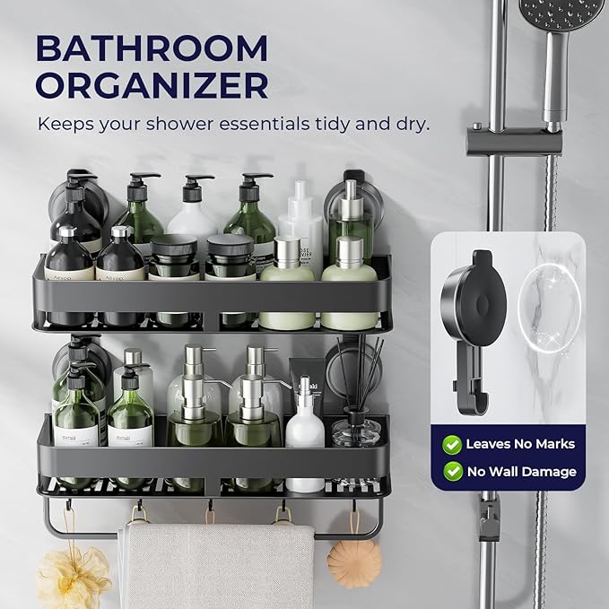 Corner Shower Caddy,Suction Cup Shower Caddy with Hooks,No Drilling Rustproof Aluminum Bathroom Organizers and Storage,Shelves for Bathroom Accessories Decor (15.7inch-Gunmetal Gray)