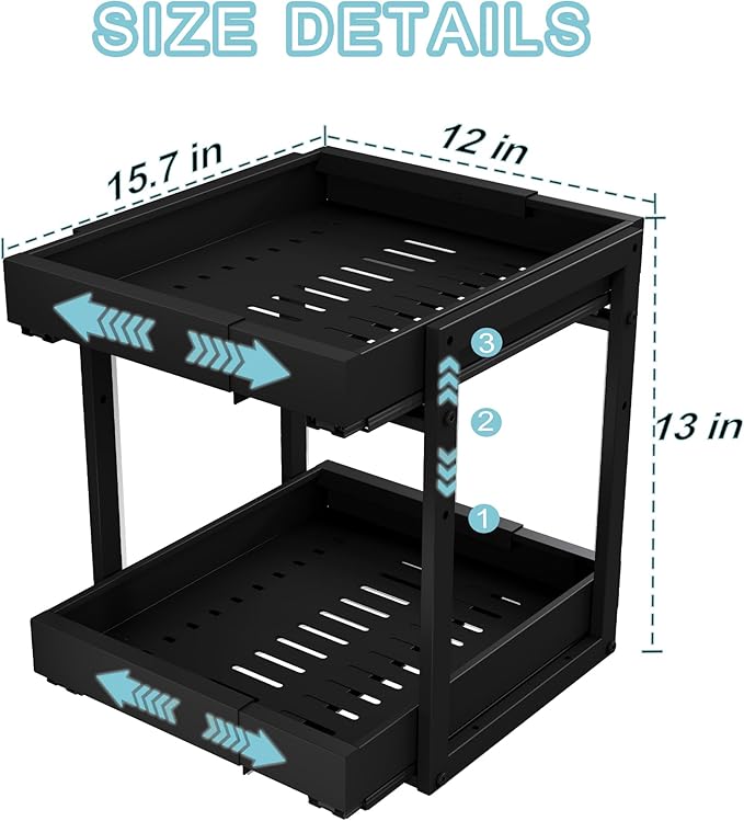 Golener 2-Tier Expandable Pull Out Cabinet Organizer - Pull-Out Drawers for Kitchen Cabinets, 2 Slide Home Storage Organizers, Slide Out Shelves for Base Cabinet Organization in Kitchen, Black Metal