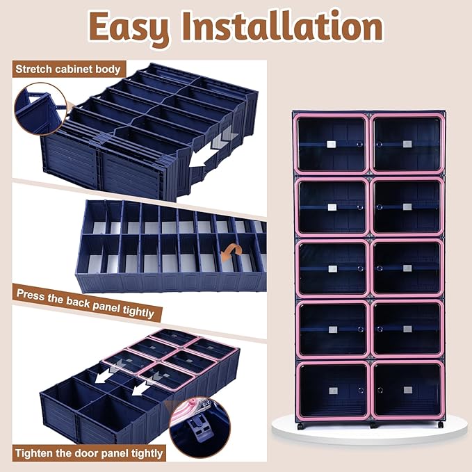 Collapsible Shoe Rack Organizer, 9 Tiers-36 Pairs Foldable Shoe Cabinet with Magnetic Clear Door, Large Plastic Folding Shoe Cabinet Blue & Pink, Easy Assembly Shoe Shelves Organizer for Entryway