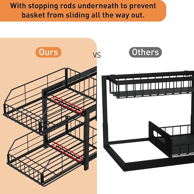 2 Tier Sliding Basket Drawer Organizer, Pull Out Under Sink Cabinets Organizers, Metal Home Shelf for Bathroom or Kitchen, Sliding Countertop or Pantry Storage Shelf, Black