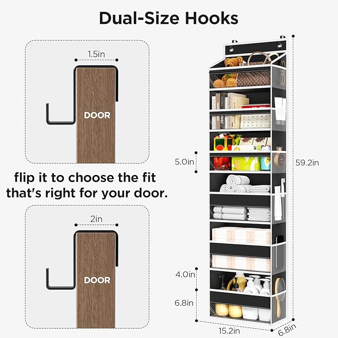 Mefirt 6 Tiers Over The Door Organizer, Heavy Duty Hanging Organizer Storage with Large Capacity Pockets, Behind Door Storage Hanging Shelves for Closet Wall Bathroom Bedroom Nursery Pantry, 1 Black