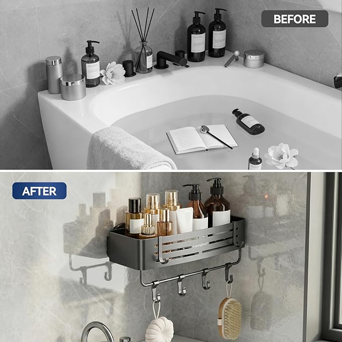 Rectangle Shower Caddy Suction Cup – Rustproof Aluminum Shelf with Towel Bar & Hooks, Laungborf No-Drill Removable Wall Storage for Bathroom (Matte Gray, 2 Pack)