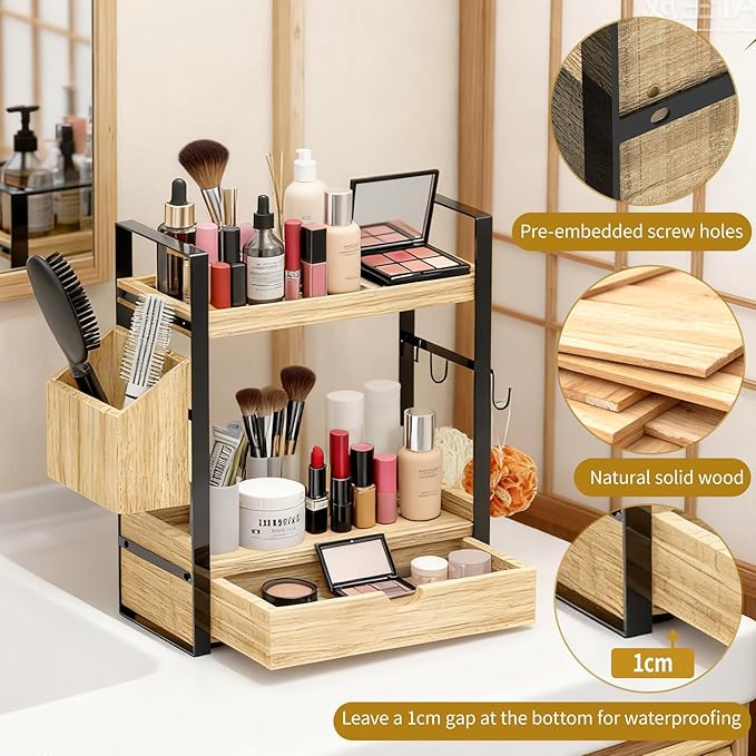 2-Tired Bathroom Counter Organizers and Storage, Bathroom Countertop Organizer with Drawer, Solid Wood Skincare Perfume Organizer for Vanity Kitchen Corner Shelf Office Countertop (Light Brown)