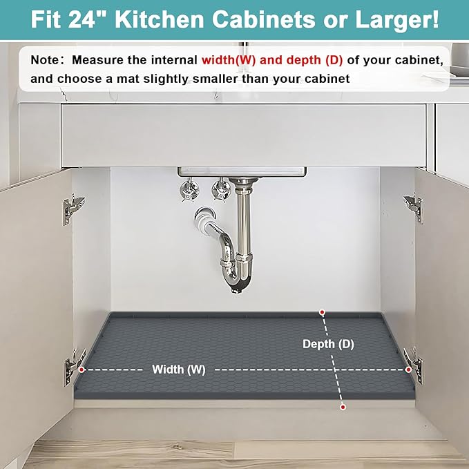 Silicone Under Sink Mat 22" x 19", Under Sink Mats for Kitchen Waterproof, Under Sink Protector Mats for Cabinets, Under Sink Tray Organizer for Kitchen and Bathroom, Gray