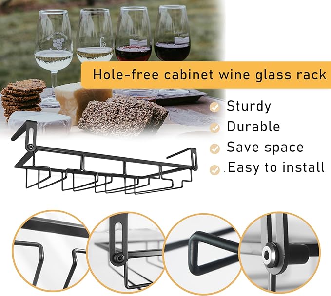 Adjustable Under Cabinet Stemware Holder - Metal Wine Glass Hanger Organizer for Kitchen, Bar, Shelf - Rustproof Hanging Storage Rack for 6-8 Glasses - Space Saving Decor (Black, 4 Rows)