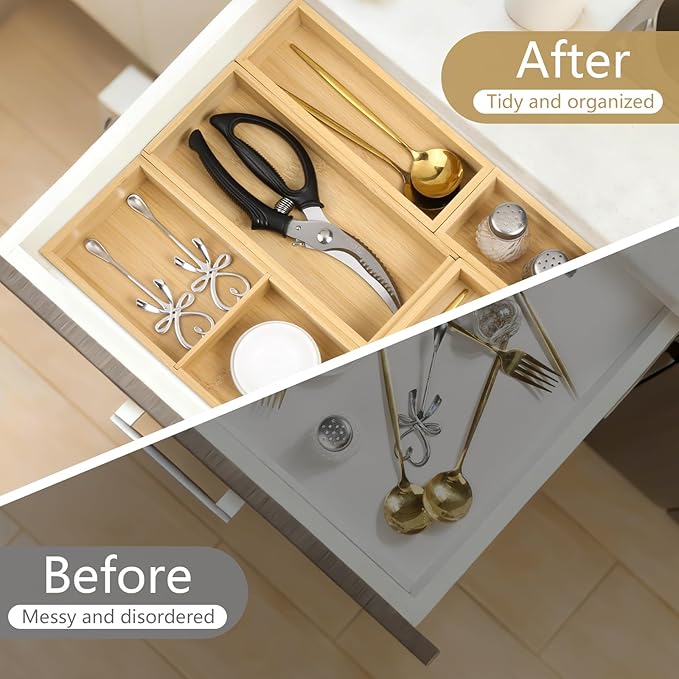 5 Pack Bamboo Drawer Organizer Set, Multi-Use Junk Drawer Organizer for Bathroom