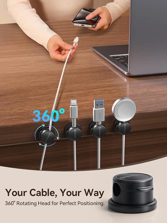 Magnetic Cable Organizer 6-Pack, 360° Rotatable Cable Clips Cord Holder for Desk