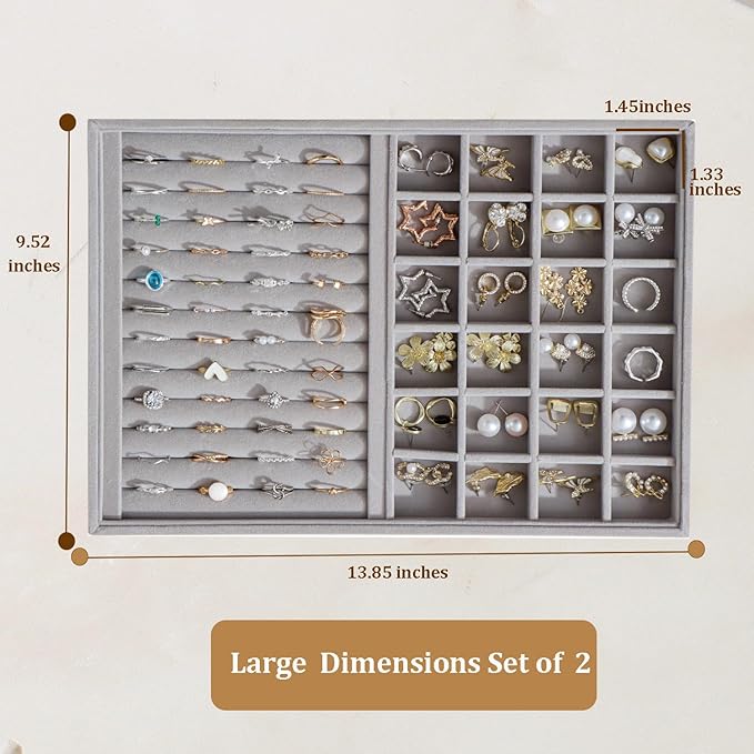 Large Velvet Jewelry Tray 2 Pack Stackable Jewelry Display Drawer Inserts Trays Organizer for Earring Bracelet Necklace Ring (Gray, Ring and 24 Grids)