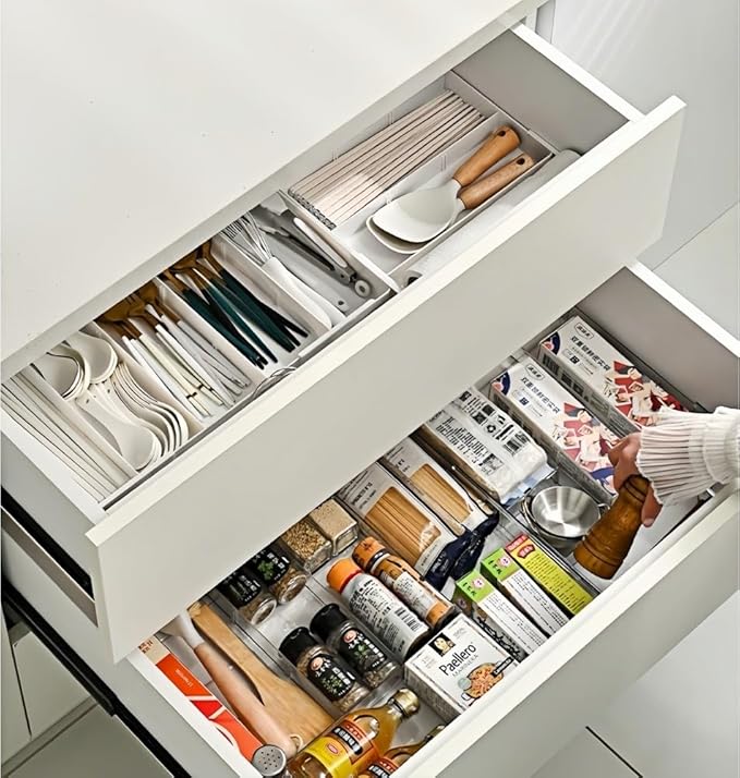 Expandable Drawer Storage Box with 6 Removable Dividers - 2.04" Depth for Light Drawers, Kitchen Utensils, Cosmetics, Office Supplies Organizer (10.43" Length, 20.27" Width)