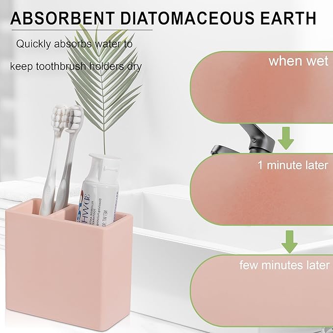 Diatomite Toothbrush Holder 2 Slots Tooth Brush Holder for Bathroom, Kids Electric Toothbrush and Toothpaste Organizer for Countertop, Shower, Vanity, Blush Pink