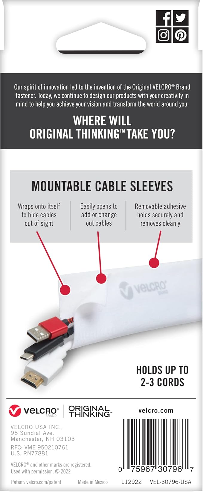 VELCRO Brand Mountable Cable Management Sleeve | Cord Hider Mounts on Walls or Desk | Pefect Wire Organizer for Home or Office | Removable Damage Free Adhesive | 12in White, 2pk, 12in - 2Pk