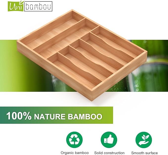 Unibambou Bamboo Utensil Drawer Organizer, Silverware Tray Organizer, Kitchen Drawer Organizer for Flatware Cutlery, Silverware Tray for Drawer (Natural, Large 16.5x12.5 Inch)