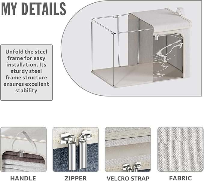 4 Pack Clothes Storage Bins with Metal Frame - 66L Stackable Storage Box with Lid，Foldable Storage Container Organizer for Clothes，Linen Fabric Storage Box with Clear Window＆Zippers＆Handles