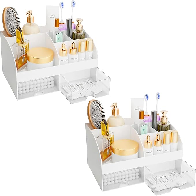 Makeup Organizer with Drawers, White-2P
