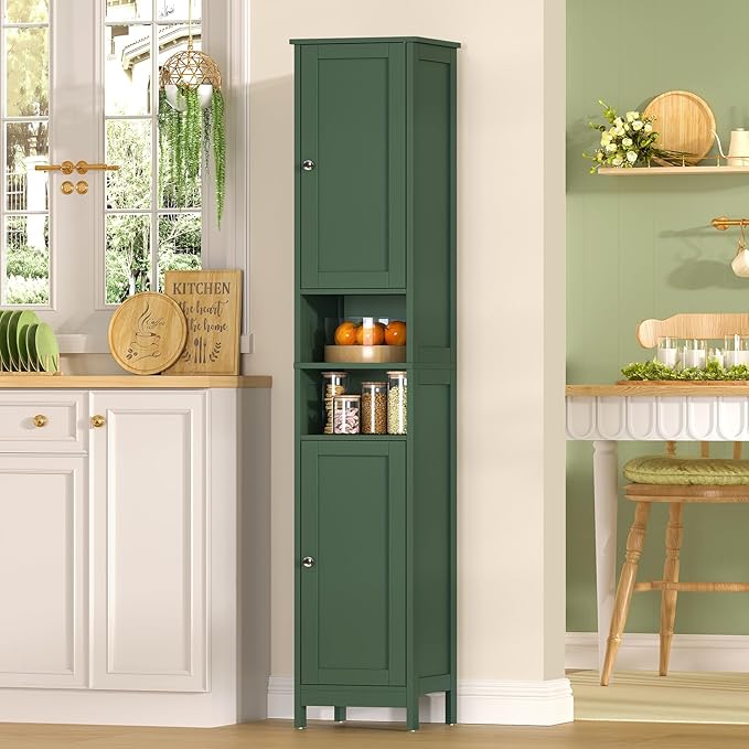 67" Tall Bathroom Cabinet with Adjustable Shelves and Doors, Green
