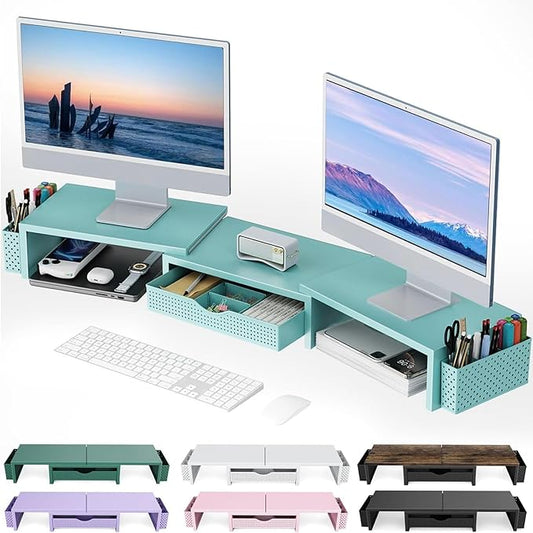 Dual Monitor Stand Riser, Desk Organizer With Drawer and 2 Pen Holders, Blue