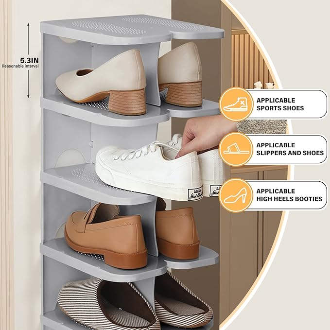 6-Tier Thickening Cubby Shoe Rack, Free Combination Shoe Organizer for Closet, Free Standing Shoe Tower, Stackable Space-Saving Adjustable Shoe Storage Shelf, Grey