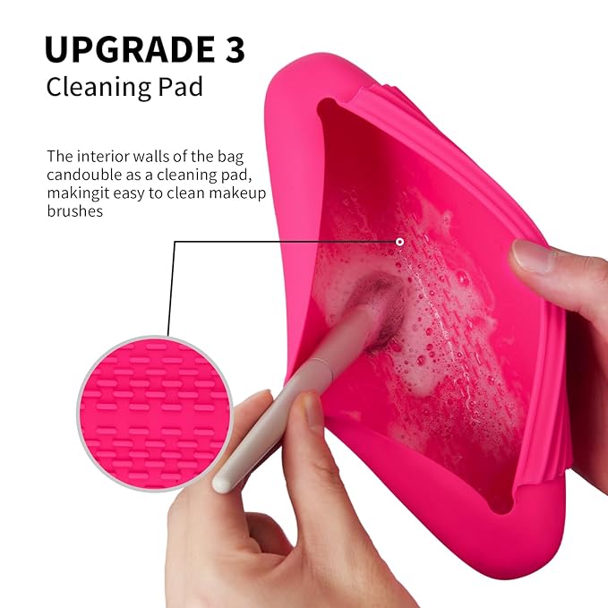 AGIKET Silicone Makeup Brush Holder Travel Cosmetic Bag：Soft Portable Cosmetic Face Brushes Holder with Upgrade Anti-Fall Out Magnetic Closure, Large Travel Makeup Brush Case - Babbie Pink